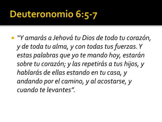     “Y amarás a Jehová tu Dios de todo tu corazón,
     y de toda tu alma, y con todas tus fuerzas. Y
     estas palabras que yo te mando hoy, estarán
     sobre tu corazón; y las repetirás a tus hijos, y
     hablarás de ellas estando en tu casa, y
     andando por el camino, y al acostarse, y
     cuando te levantes”.

(787) 890-0118
www.iglesiabiblicabaustista.o
rg
 