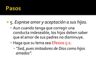     5. Exprese amor y aceptación a sus hijos.
      Aun cuando tenga que corregir una
       conducta indeseable, los hijos deben saber
       que el amor de sus padres no disminuye.
      Haga que su lema sea Efesios 5:1:
       ▪ “Sed, pues imitadores de Dios como hijos
         amados”.

(787) 890-0118
www.iglesiabiblicabaustista.o
rg
 