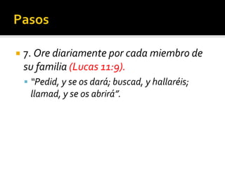     7. Ore diariamente por cada miembro de
     su familia (Lucas 11:9).
      “Pedid, y se os dará; buscad, y hallaréis;
          llamad, y se os abrirá”.




(787) 890-0118
www.iglesiabiblicabaustista.o
rg
 