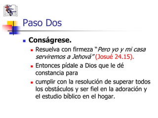 Paso Dos
               Conságrese.
                       Resuelva con firmeza “Pero yo y mi casa
                        serviremos a Jehová” (Josué 24.15).
                       Entonces pídale a Dios que le dé
                        constancia para
                       cumplir con la resolución de superar todos
                        los obstáculos y ser fiel en la adoración y
                        el estudio bíblico en el hogar.
(787) 890-0118
www.iglesiabiblicabau
stista.org
 