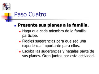 Paso Cuatro
               Presente sus planes a la familia.
                       Haga que cada miembro de la familia
                        participe.
                       Pídales sugerencias para que sea una
                        experiencia importante para ellos.
                       Escriba las sugerencias y hágalas parte de
                        sus planes. Oren juntos por esta actividad.

(787) 890-0118
www.iglesiabiblicabau
stista.org
 