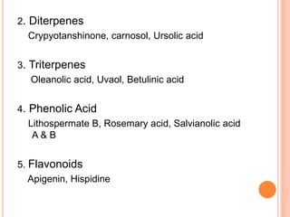 2. Diterpenes
Crypyotanshinone, carnosol, Ursolic acid
3. Triterpenes
Oleanolic acid, Uvaol, Betulinic acid
4. Phenolic Acid
Lithospermate B, Rosemary acid, Salvianolic acid
A & B
5. Flavonoids
Apigenin, Hispidine
 