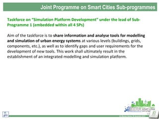 Joint Programme on Smart Cities Sub-programmes
Taskforce on “Simulation Platform Development” under the lead of SubProgramme 1 (embedded within all 4 SPs)
Aim of the taskforce is to share information and analyse tools for modelling
and simulation of urban energy systems at various levels (buildings, grids,
components, etc.), as well as to identify gaps and user requirements for the
development of new tools. This work shall ultimately result in the
establishment of an integrated modelling and simulation platform.

13
Dr Monica Salvia, 20 dicembre 2013

 