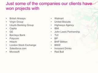 Just some of the companies our clients have won projects with British Airways  Virgin Group Lloyds Banking Group Capita GE  Barclays Bank Polycom Hitachi London Stock Exchange Salesforce.com Microsoft Walmart United Biscuits Highways Agency IBM John Lewis Partnership TUI BP BHP Billiton BMW Innocent Drinks Red Bull 