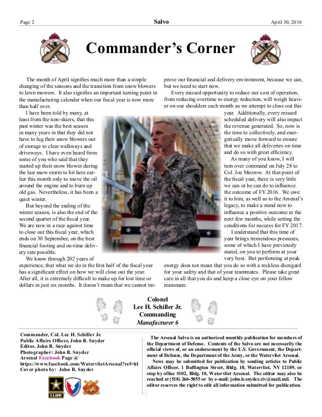 U.S. Army newsletter from the Watervliet Arsenal April 2016