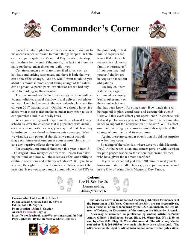 U.S. Army newsletter from the Watervliet Arsenal May 2016