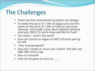 These are the unanswered questions (or dodgy) To Make the price of 1 liter of algae oil to be the same as the price of 1 liter of fossil oil, because seriously, who really cares about global warming and pay U$D 0.10 cents more per liter for fuel? The strains,  what’s the best? How do I produce algae at USD 0.37cents per kg for oil? How to propagate? How do I create so much sea water?  The salt cost U$D 0.85 cents a kg. How to harvest? And the list goes on and on…… The Challenges 