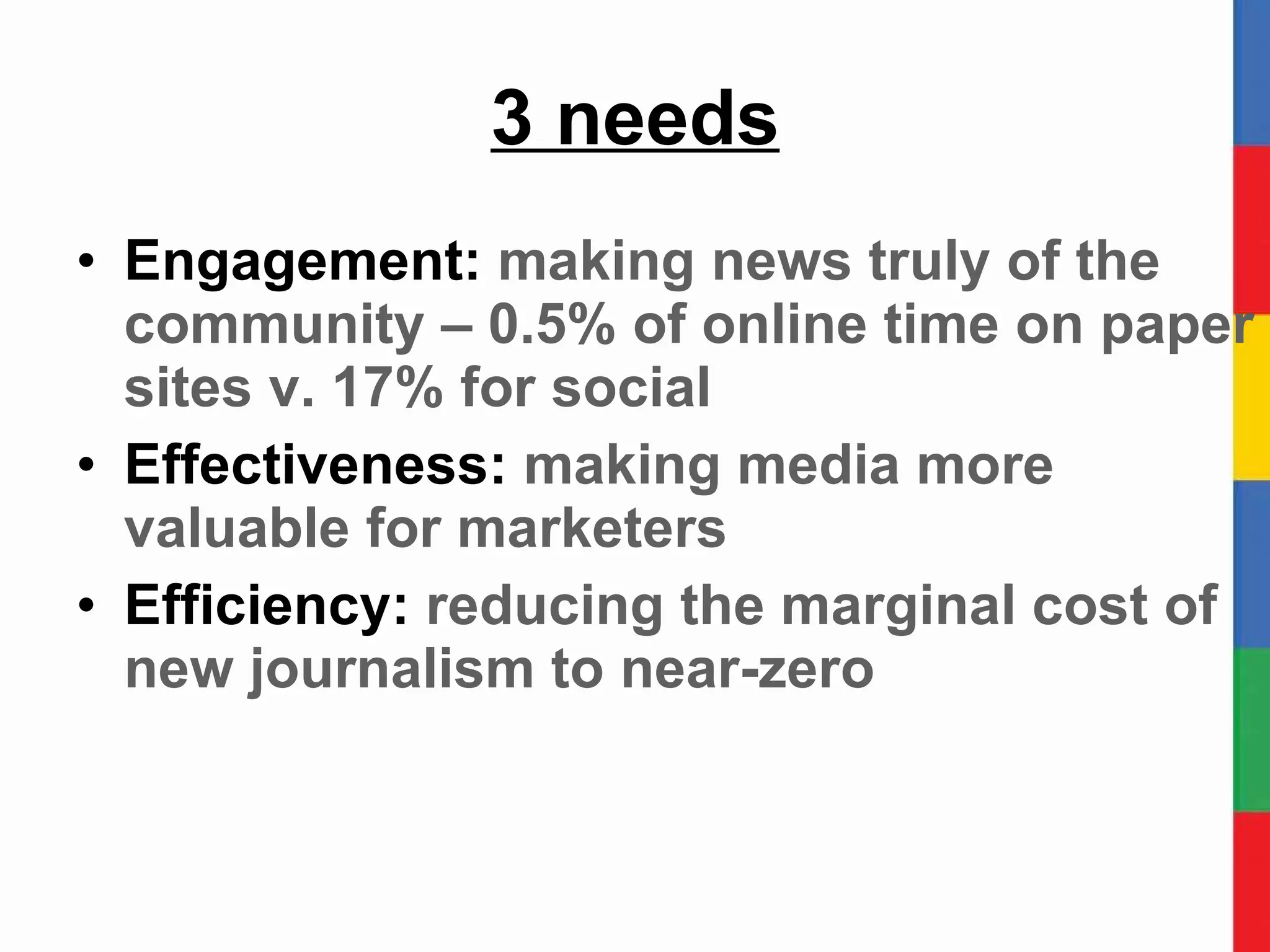 3 needs Engagement:  making news truly of the community – 0.5% of online time on paper sites v. 17% for social Effectiveness:  making media more valuable for marketers Efficiency:  reducing the marginal cost of new journalism to near-zero 