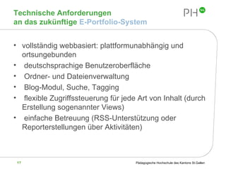 Technische Anforderungen  an das zukünftige  E-Portfolio-System vollständig webbasiert: plattformunabhängig und ortsungebunden  deutschsprachige Benutzeroberfläche Ordner- und Dateienverwaltung Blog-Modul, Suche, Tagging flexible Zugriffssteuerung für jede Art von Inhalt (durch Erstellung sogenannter Views)  einfache Betreuung (RSS-Unterstützung oder Reporterstellungen über Aktivitäten)  