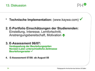 13. Diskussion Technische Implementation:  (www.kaywa.com)   2.   E-Portfolio Einschätzungen der Studierenden:  Einstellung, Interesse, Lernfortschritt, Anstrengungsbereitschaft, Motivation   3.   E-Assessment 06/07: Verdoppelung der Beurteilungszeiten Novizen-Laien unterschiedliche Zeitmasse Beurteilungsraster   4.  E-Assessment 07/08: ab August 08 