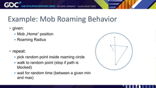 Example: Mob Roaming Behavior
 given:
 Mob „Home“ position
 Roaming Radius
 repeat:
 pick random point inside roaming circle
 walk to random point (stop if path is
blocked)
 wait for random time (between a given min
and max)
 