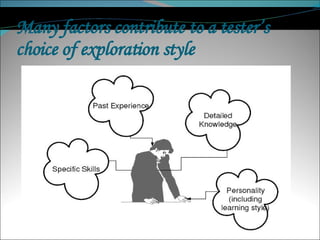Many factors contribute to a tester’s choice of exploration style 