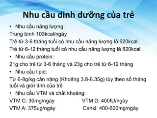 Nhu cầu dinh dưỡng của trẻ
• Nhu cầu năng lượng:
Trung bình 103kcal/ngày
Trẻ từ 3-6 tháng tuổi có nhu cầu năng lượng là 620kcal
Trẻ từ 6-12 tháng tuổi có nhu cầu năng lượng là 820kcal
• Nhu cầu protein:
21g cho trẻ từ 3-6 tháng và 23g cho trẻ từ 6-12 tháng
• Nhu cầu lipid:
Từ 6-8g/kg cân nặng (Khoảng 3.8-6.35g) tùy theo số tháng
tuổi và giới tính của trẻ
• Nhu cầu VTM và chất khoáng:
VTM C: 30mg/ngày VTM D: 400IU/ngày
VTM A: 375ug/ngày Canxi: 400-600mg/ngày
 