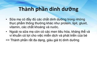 Thành phần dinh dưỡng
• Sữa mẹ có đầy đủ các chất dinh dưỡng trong những
thực phẩm thông thường khác như protein, lipit, gluxit,
vitamin, các chất khoáng và nước.
• Ngoài ra sữa mẹ còn có các men tiêu hóa, kháng thể và
vi khuẩn có lợi cho việc miễn dịch và phát triển của bé
=> Thành phần rất đa dạng, giàu giá trị dinh dưỡng
 