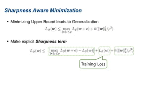 Sharpness Aware Minimization
 Minimizing Upper Bound leads to Generalization
 Make explicit Sharpness term
Training Loss
 