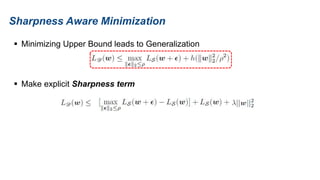 Sharpness Aware Minimization
 Minimizing Upper Bound leads to Generalization
 Make explicit Sharpness term
 