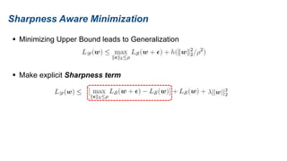 Sharpness Aware Minimization
 Minimizing Upper Bound leads to Generalization
 Make explicit Sharpness term
 