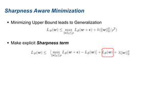 Sharpness Aware Minimization
 Minimizing Upper Bound leads to Generalization
 Make explicit Sharpness term
 
