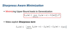 Sharpness Aware Minimization
 Minimizing Upper Bound leads to Generalization
 Make explicit Sharpness term
 