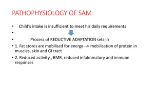 PATHOPHYSIOLOGY OF SAM
• Child's intake is insufficient to meet his daily requirements
•
• Process of REDUCTIVE ADAPTATION sets in
• 1. Fat stores are mobilised for energy --> mobilisation of protein in
muscles, skin and GI tract
• 2. Reduced activity , BMR, reduced infalmmatory and immune
responses
 