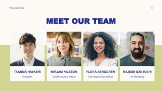 MEET OUR TEAM
Presentation title 8
TAKUMA HAYASHI
President
MIRJAM NILSSON
Chief Executive Officer
FLORA BERGGREN​
Chief Operations Officer
RAJESH SANTOSHI​
VP Marketing
 