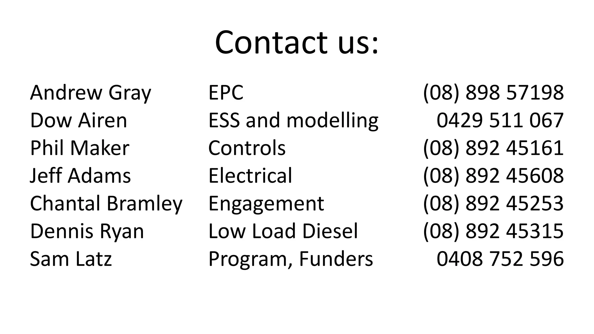 Contact us:
Andrew Gray EPC (08) 898 57198
Dow Airen ESS and modelling 0429 511 067
Phil Maker Controls (08) 892 45161
Jeff Adams Electrical (08) 892 45608
Chantal Bramley Engagement (08) 892 45253
Dennis Ryan Low Load Diesel (08) 892 45315
Sam Latz Program, Funders 0408 752 596
 
