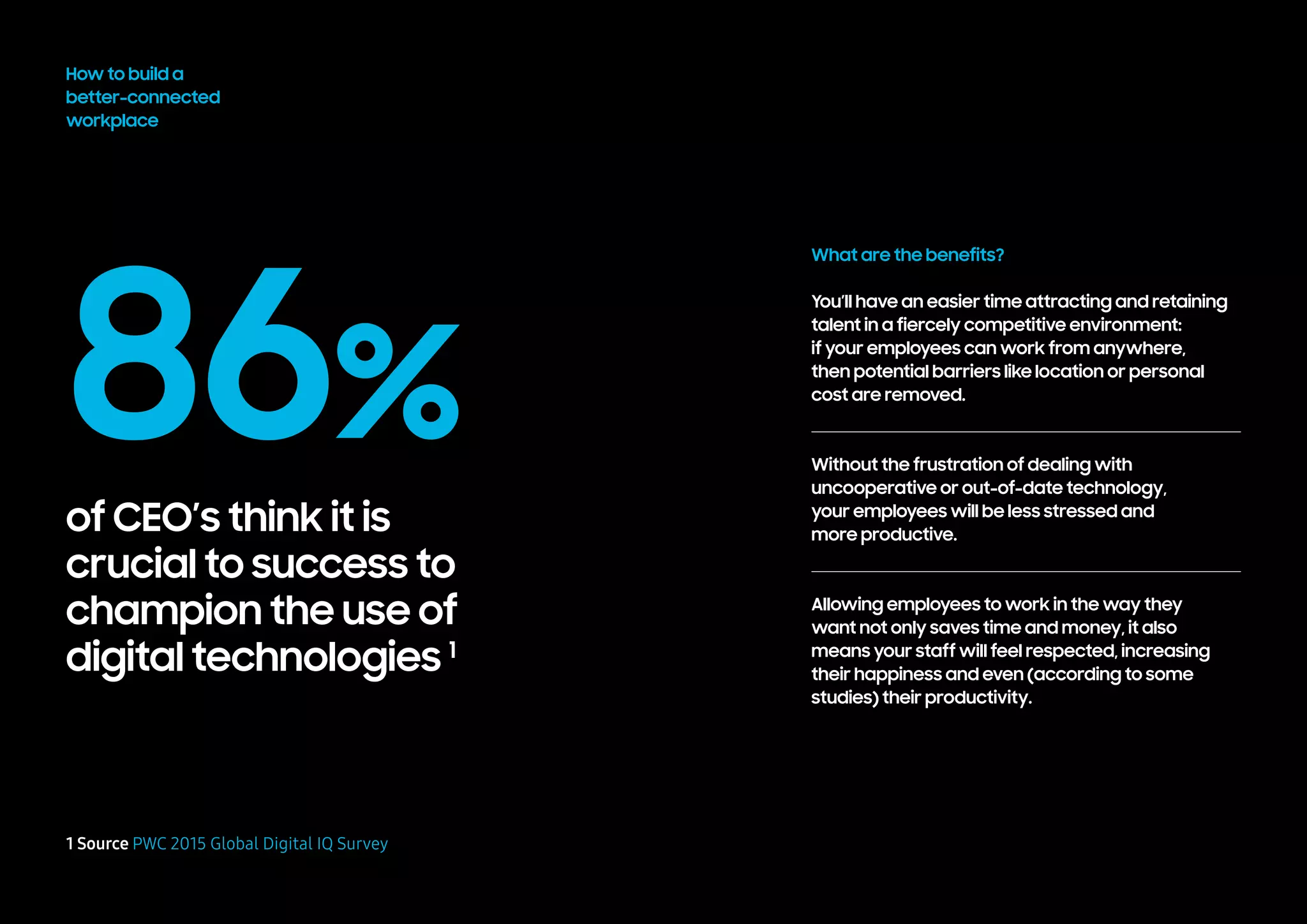 86%
of CEOs think it is
crucial to success to
champion the use of
digital technologies 1
How to build a
better-connected
workplace
1 Source PWC 2015 Global Digital IQ Survey
What are the benefits?
You’ll have an easier time attracting and retaining
talent in a fiercely competitive environment:
if your employees can work from anywhere,
then potential barriers like location or personal
cost are removed.
Without the frustration of dealing with
uncooperative or out-of-date technology,
your employees will be less stressed and
more productive.
Allowing employees to work in the way they
want not only saves time and money, it also
means your staff will feel respected, increasing
their happiness and even (according to some
studies) their productivity.
 