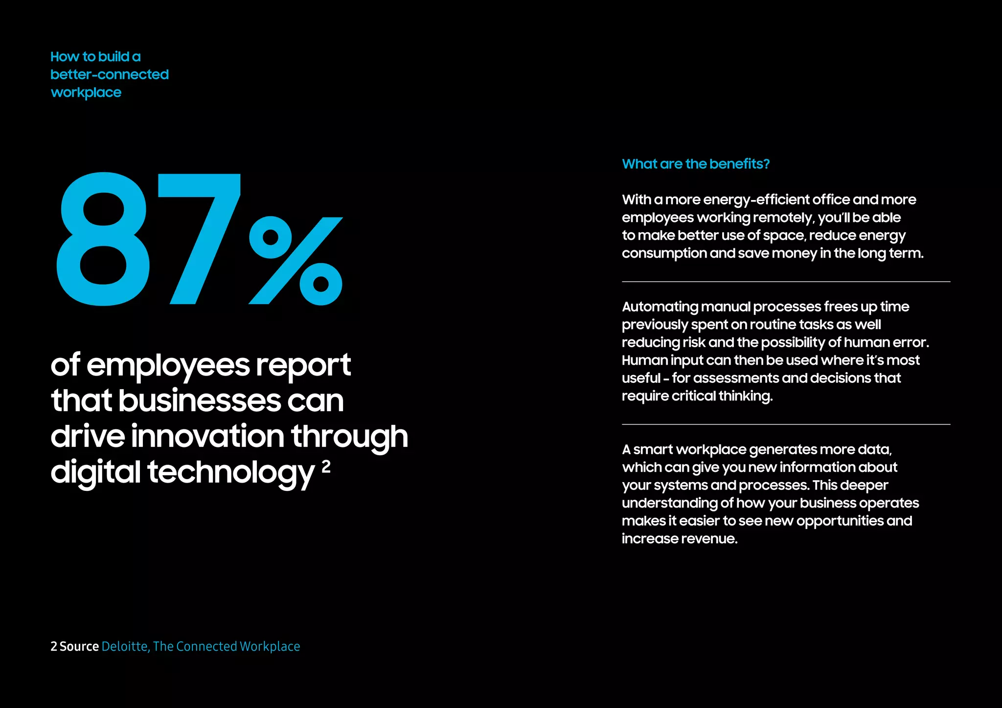 87%
of employees report
that businesses can
drive innovation through
digital technology 2
How to build a
better-connected
workplace
2 Source Deloitte, The ConnectedWorkplace
What are the benefits?
With a more energy-efficient office and more
employees working remotely, you’ll be able
to make better use of space, reduce energy
consumption and save money in the long term.
Automating manual processes frees up time
previously spent on routine tasks as well
reducing risk and the possibility of human error.
Human input can then be used where it’s most
useful – for assessments and decisions that
require critical thinking.
A smart workplace generates more data,
which can give you new information about
your systems and processes. This deeper
understanding of how your business operates
makes it easier to see new opportunities and
increase revenue.
 