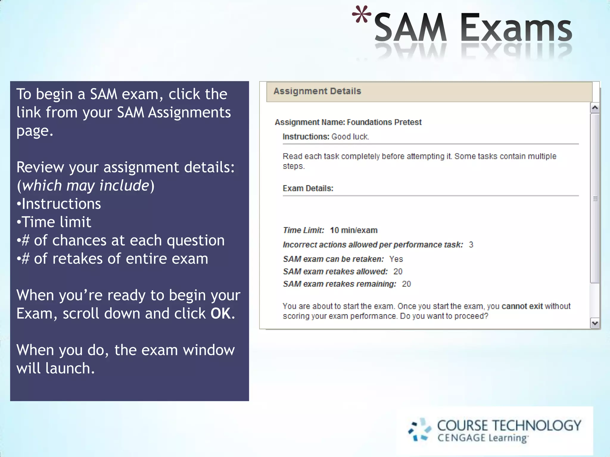 Project Instruction File
The Project Instruction file contains
the following:
 Project Description: A realworld scenario.
 Getting Started: Includes
information about saving your
Project files. (Available in SAM
2013 only.)
 Project Steps: Follow to
complete the Project.
 Final Figure: Reference while
completing the Project.

 