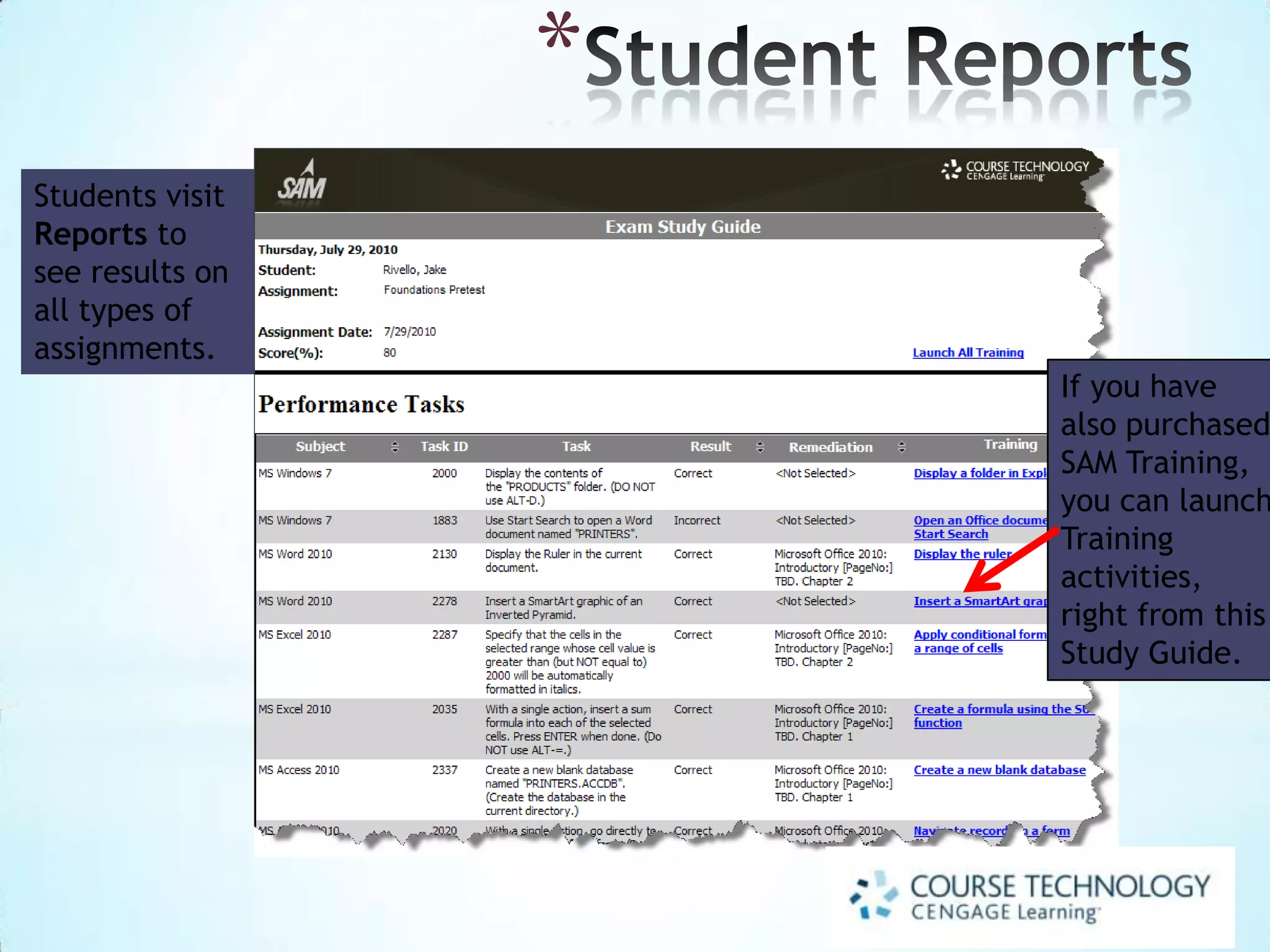 Submit for Grading
 After you complete your
Project, return to SAM.
 Relaunch the Project
Assignment. Under
Assignment Submission,
click Browse to select your
saved Project file, then click
Submit.
 A confirmation screen verifies
that your Project was
uploaded, passed the virus
scan and meets requirements
for file size and format.

 