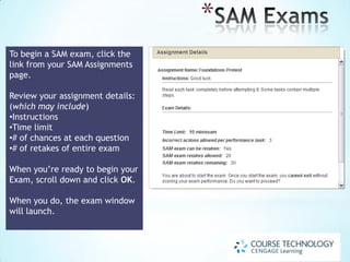 Project Instruction File
The Project Instruction file contains
the following:
 Project Description: A realworld scenario.
 Getting Started: Includes
information about saving your
Project files. (Available in SAM
2013 only.)
 Project Steps: Follow to
complete the Project.
 Final Figure: Reference while
completing the Project.

 