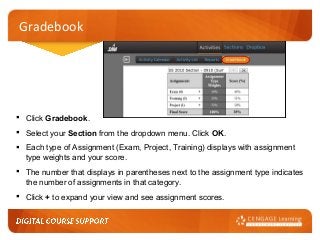 Gradebook

 Click Gradebook.
 Select your Section from the dropdown menu. Click OK.
 Each type of Assignment (Exam, Project, Training) displays with assignment
type weights and your score.
 The number that displays in parentheses next to the assignment type indicates
the number of assignments in that category.
 Click + to expand your view and see assignment scores.

 