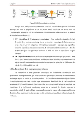 Chapitre I Etat de l’art de l’authentification forte
4
Figure.I.1.Chiffrement à clé asymétrique
Puisque la clé publique sert au chiffrement, alors tous les utilisateurs peuvent chiffrer un
message que seul le propriétaire de la clé privée pourra déchiffrer, on assure ainsi la
Confidentialité, puisque les clés de chiffrement et de déchiffrement sont distinctes et ne peuvent
Se déduire l’une de l’autre [3].
 RSA (Algorithme de Cryptographie Asymétrique) : Pour générer les deux clés, il s’agit
de choisir deux nombres premiers p et q. et un nombre e n’ayant pas de facteur commun
avec q-1 et p-1, n=p*q est partagé et l’expéditeur calcule (M : message). Cet algorithme
assurer la sécurité des transactions sensibles. Il est recommandé d’avoir recours à des clés
de 1024 bits pour les applications normales et 2048 bits pour les applications les plus
critiques.
 DH (Diffie-Hellman) : est un protocole de cryptographie asymétrique qui permet à deux
parties qui n'ont aucune connaissance préalable de l'autre d’établir conjointement une clé
secrète partagée sur un canal de communication non-sécurisé qui utilise un chiffrement des
clés de 512, 1024 ou 2048 bits [4].
I.1.3.3. Inconvénient de la cryptographie asymétrique
En contrepartie de leurs propriétés spécifiques, les chiffrements asymétriques sont
globalement moins performants que leurs équivalents symétriques ; les temps de traitement sont
plus longs, et pour un niveau de sécurité équivalent ; les clés doivent être beaucoup plus longues.
Ils tendent à être environ 1000 fois plus lents. Autrement dit, il va falloir plus de 1000 fois plus de
temps de CPU (Central Processing Unit) pour traiter un cryptage ou décryptage asymétrique que
symétrique. Si le chiffrement asymétrique permet de se prémunir des écoutes passives, la
transmission initiale de la clé publique sur un canal non sécurisé exposé à des attaques de l'homme
du milieu. Pour se prémunir contre ce risque on fait généralement appel à une infrastructure à clés
publiques.
 