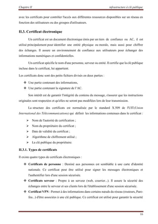 Chapitre II infrastructure à clé publique
16
avec les certificats pour contrôler l'accès aux différentes ressources disponibles sur un réseau en
fonction des utilisateurs ou des groupes d'utilisateurs.
II.3. Certificat électronique
Un certificat est un document électronique émis par un tiers de confiance ou AC, il est
utilisé principalement pour identifier une entité physique ou morale, mais aussi pour chiffrer
des échanges. Il assure un environnement de confiance aux utilisateurs pour échanger des
informations numériques et confidentielles.
Un certificat spécifie le nom d'une personne, serveur ou entité. Il certifie que la clé publique
incluse dans le certificat, lui appartient.
Les certificats donc sont des petits fichiers divisés en deux parties :
 Une partie contenant des informations,
 Une partie contenant la signature de l’AC.
Son intérêt est de garantir l'intégrité du contenu du message, s'assurer que les instructions
originales sont respectées et qu'elles ne seront pas modifiées lors de leur transmission.
La structure des certificats est normalisée par le standard X.509 de l'UIT(Union
International des Télécommunications) qui définit les informations contenues dans le certificat :
 Nom de l'autorité de certification ;
 Nom du propriétaire du certificat ;
 Date de validité du certificat ;
 Algorithme de chiffrement utilisé ;
 La clé publique du propriétaire.
II.3.1. Types de certificats
Il existe quatre types de certificats électroniques :
 Certificats de personne : Destiné aux personnes est semblable à une carte d'identité
nationale. Ce certificat peut être utilisé pour signer les messages électroniques et
l'authentifier lors d'une session sécurisée.
 Certificats serveur : Propre à un serveur (web, courrier...). Il assure la sécurité des
échanges entre le serveur et ses clients lors de l'établissement d'une session sécurisée.
 Certificat VPN : Permet à des informations dans certains nœuds du réseau (routeurs, Pare-
feu...) d'être associées à une clé publique. Ce certificat est utilisé pour garantir la sécurité
 