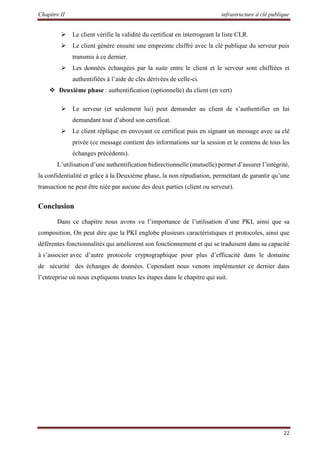 Chapitre II infrastructure à clé publique
22
 Le client vérifie la validité du certificat en interrogeant la liste CLR.
 Le client génère ensuite une empreinte chiffré avec la clé publique du serveur puis
transmis à ce dernier.
 Les données échangées par la suite entre le client et le serveur sont chiffrées et
authentifiées à l’aide de clés dérivées de celle-ci.
 Deuxième phase : authentification (optionnelle) du client (en vert)
 Le serveur (et seulement lui) peut demander au client de s’authentifier en lui
demandant tout d’abord son certificat.
 Le client réplique en envoyant ce certificat puis en signant un message avec sa clé
privée (ce message contient des informations sur la session et le contenu de tous les
échanges précédents).
L’utilisation d’une authentification bidirectionnelle (mutuelle) permet d’assurer l’intégrité,
la confidentialité et grâce à la Deuxième phase, la non répudiation, permettant de garantir qu’une
transaction ne peut être niée par aucune des deux parties (client ou serveur).
Conclusion
Dans ce chapitre nous avons vu l’importance de l’utilisation d’une PKI, ainsi que sa
composition, On peut dire que la PKI englobe plusieurs caractéristiques et protocoles, ainsi que
déférentes fonctionnalités qui améliorent son fonctionnement et qui se traduisent dans sa capacité
à s’associer avec d’autre protocole cryptographique pour plus d’efficacité dans le domaine
de sécurité des échanges de données. Cependant nous venons implémenter ce dernier dans
l’entreprise où nous expliquons toutes les étapes dans le chapitre qui suit.
 