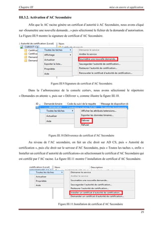 Chapitre III mise en œuvre et application
29
III.3.2. Activation d’AC Secondaire
Afin que le AC racine génère un certificat d’autorité à AC Secondaire, nous avons cliqué
sur «Soumettre une nouvelle demande...» puis sélectionné le fichier de la demande d’autorisation.
La Figure.III.9 montre la signature de certificat d’AC Secondaire.
Figure.III.9.Signature de certificat d’AC Secondaire.
Dans la l’arborescence de la console certsrv, nous avons sélectionné le répertoire
« Demandes en attente », puis sur « Délivrer », comme illustre la figure III.10.
Figure.III.10.Déliverence de certificat d’AC Secondaire
Au niveau de l’AC secondaire, on fait un clic droit sur AD CS, puis « Autorité de
certification », puis clic droit sur le serveur d’AC Secondaire, puis « Toutes les taches », enfin «
Installer un certificat d’autorité de certification» en sélectionnant le certificat d’AC Secondaire qui
est certifié par l’AC racine. La figure III.11 montre l’installation de certificat d’AC Secondaire.
Figure.III.11.Installation de certificat d’AC Secondaire
 
