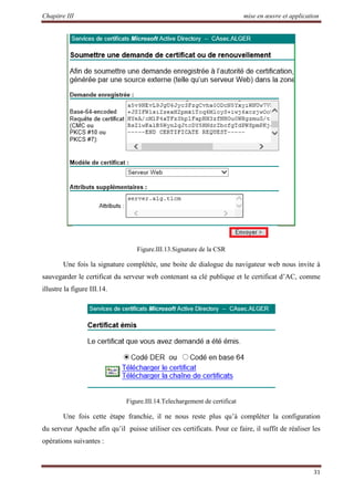 Chapitre III mise en œuvre et application
31
Figure.III.13.Signature de la CSR
Une fois la signature complétée, une boite de dialogue du navigateur web nous invite à
sauvegarder le certificat du serveur web contenant sa clé publique et le certificat d’AC, comme
illustre la figure III.14.
Figure.III.14.Telechargement de certificat
Une fois cette étape franchie, il ne nous reste plus qu’à compléter la configuration
du serveur Apache afin qu’il puisse utiliser ces certificats. Pour ce faire, il suffit de réaliser les
opérations suivantes :
 