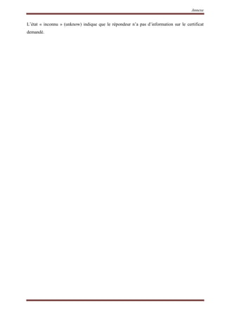 Annexe
L’état « inconnu » (unknow) indique que le répondeur n’a pas d’information sur le certificat
demandé.
 