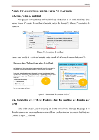 Annexe
Annexe C : Construction de confiance entre AD et AC racine
C.1. Exportation de certificat
Pour pouvoir faire confiance entre l’autorité de certification et les autres machines, nous
aurons besoin d’exporter le certificat d’autorité racine. La figure.C.1 illustre l’exportation de
certificat.
Figure.C.1.Exportation de certificat
Nous avons installé le certificat d’autorité racine dans l’AD. Comme le montre la figure.C.2.
Figure.C.2.Installation de certificat de l’AC
C.2. Installation de certificat d’autorité dans les machines de domaine par
GPO
Dans notre serveur Active Directory on ajoute une nouvelle stratégie de groupe à ce
domaine pour qu’on puisse appliquer un ensemble de configuration sur ce groupe d’utilisateurs,
Comme la figure.C.3 illustre.
 