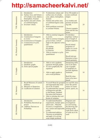 http://samacheerkalvi.net/
                           i. Introduction                  •	 To	determine	volume	and	          Use 3D models to
                           ii. Surface Area and Volume         surface	area	of	cylinder,	        create	combined	
      VIII. Mensuration         of	Cylinder,	Cone,	Sphere,	    cone,	sphere,	hemisphere,	        shapes
                                Hemisphere,	Frustum		          frustum
                           iii. Surface area and volume     •	 Volume	and	surface	area	          Use models and
                                of	combined	figures            of	combined	figures	(only	        pictures	ad	teach-
                           iv. Invariant volume                two).                             ing aids.              24
                                                            •	 Some	problems	restricted	
                                                               to constant Volume.               Choose	examples	
                                                                                                 from real life situ-
                                                                                                 ations.
                           i. Introduction                    •	   Able	to	construct	tangents	 To	introduce	
                           ii. Construction of tangents            to circles.                   algebraic	verifica-
                                to circles                    •	   Able	to	construct	triangles,	 tion	of	length	of	
 IX.	Practical		Geometry




                           iii.	Construction	of	Triangles          given	its	base,	vertical	     tangent segments.
                           iv.	 Construction	of	cyclic	            angle	at	the	opposite	vertex	
                                quadrilateral                      and                           Recall related
                                                                   (a) median                    properties of
                                                                   (b)	altitude		                angles in a circle     15
                                                                   (c)	bisector.                 before	construc-
                                                              •	   Able	to	construct	a	cyclic	 tion.
                                                                   quadrilateral
                                                                                                 Recall relevant
                                                                                                 theorems	in	theo-
                                                                                                 retical	geometry
                           i. Introduction                    •	   Able	to	solve	quadratic	      Interpreting skills
                           ii.	 Quadratic	graphs                   equations	through	graphs      also	to	be	taken	
                           iii.	Some	special	graphs           •	   To	solve	graphically	the	     care	of	graphs	
 X.	Graphs




                                                                   equations                     of quadratics to
                                                               .                                 precede	algebraic	
                                                              •	   Able	to	apply	graphs	to	      treatment.             10
                                                                   solve	word	problems
                                                                                                 Real life situa-
                                                                                                 tions	to	be	intro-
                                                                                                 duced.
                           i. Recall Measures of central •	        To	recall	Mean	for	grouped	 Use real life situa-
                                tendency                           and ungrouped data situa- tions like perfor-
                           ii. Measures of dispersion              tion	to	be	avoided).          mance in exami-
      XI. Statistics




                           iii.	Coefficient	of	variation •	        To	understand	the	concept	 nation, sports, etc.
                                                                   of	Dispersion	and	able	                              16
                                                                   to	find	Range,	Standard	
                                                                   Deviation and Variance.
                                                              •	   Able	to	calculate	the	coef-
                                                                   ficient	of	variation.
                           i. Introduction                    •	   To	understand	Random	         Diagrams and
                           ii.	 Probability-theoretical	ap-        experiments, Sample space investigations
                                proach                             and	Events	–	Mutually	        on coin tossing,
 XII.	Probability




                           iii.		Addition	Theorem	on	              Exclusive, Complemen-         die	throwing	and	
                                Probability                        tary,	certain	and	impossible	 picking	up	the	
                                                                   events.                       cards from a deck      15
                                                              •	   To	understand	addition	       of	cards	are	to	be	
                                                                   Theorem	on	probability	       used.
                                                                   and	apply	it	in	solving	
                                                                   some	simple	problems.



                                                                     (viii)
 