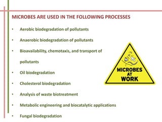 MICROBES ARE USED IN THE FOLLOWING PROCESSES
• Aerobic biodegradation of pollutants
• Anaerobic biodegradation of pollutants
• Bioavailability, chemotaxis, and transport of
pollutants
• Oil biodegradation
• Cholesterol biodegradation
• Analysis of waste biotreatment
• Metabolic engineering and biocatalytic applications
• Fungal biodegradation
 