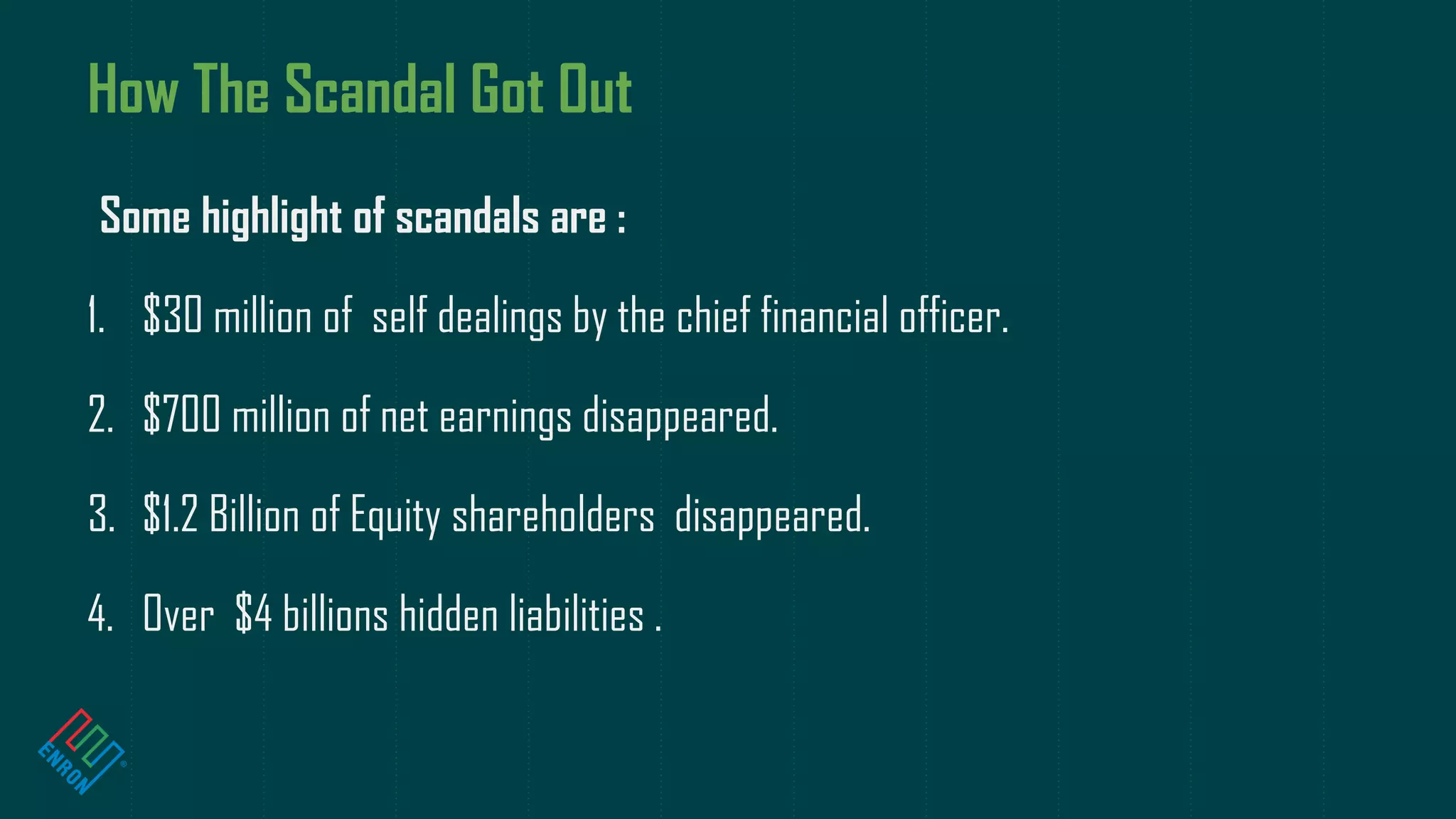 How The Scandal Got Out
Some highlight of scandals are :
1. $30 million of self dealings by the chief financial officer.
2. $700 million of net earnings disappeared.
3. $1.2 Billion of Equity shareholders disappeared.
4. Over $4 billions hidden liabilities .
 