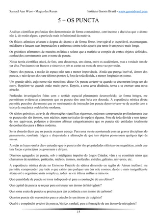 Samael Aun Weor - Magia das Runas Instituto Gnosis Brasil - www.gnosisbrasil.com
15
5 − OS PUNCTA
Análises científicas profundas têm demonstrado de forma contundente, convincente e decisiva que o átomo
não é, de modo algum, a partícula mais infinitesimal da matéria.
Os físicos atômicos criaram o dogma do átomo e de forma firme, irrevogável e inapelável, excomungam,
maldizem e lançam suas imprecações e anátemas contra todo aquele que tente ir um pouco mais longe.
Os gnósticos afirmamos de maneira enfática e solene que a matéria se compõe de certos objetos definidos,
conhecidos corretamente com o nome de puncta.
Nossa teoria científica criará, de fato, uma desavença, um cisma, entre os acadêmicos, mas a verdade tem de
ser dita. Precisamos ser francos e sinceros e pôr as cartas na mesa de uma vez por todas.
Dentro dos puncta, a noção de espaço não tem a menor importância. Ainda que pareça incrível, dentro dos
puncta, o raio de um dos sete últimos pontos é, fora de toda dúvida, a menor longitude existente.
Um grande sábio, cujo nome não menciono, disse: Os puncta atraem−se quando se encontram longe um do
outro. Repelem−se quando estão muito perto. Depois, a uma certa distância, torna a se exercer uma nova
atração.
Profundas investigações feitas com o sentido espacial plenamente desenvolvido, de forma íntegra, me
permitiram evidenciar claramente que os puncta têm uma bela cor dourada. A experiência mística direta
permitiu perceber claramente que os movimentos de interação dos puncta desenvolvem−se de acordo com a
teoria da mecânica ondulatória moderna.
Os sábios gnósticos, através de observações científicas rigorosas, puderam compreender profundamente que
os puncta não são átomos, nem núcleos, nem partículas de espécie alguma. Fora de toda dúvida e sem temor
de nos equivocar, podemos e devemos afirmar categoricamente que os puncta são entidades totalmente
desconhecidas para a física moderna.
Seria absurdo dizer que os puncta ocupam espaço. Para uma mente acostumada com as graves disciplinas do
pensamento, resultaria ilógica e disparatada a afirmação de que tais objetos possuíssem qualquer tipo de
massa.
A todas as luzes resulta claro entender que os puncta não têm propriedades elétricas ou magnéticas, ainda que
tais forças e princípios os governem e dirijam.
Diversos agregados de puncta, sob o inteligente impulso do Logos Criador, vêm a se constituir nisso que
chamamos de neutrinos, partículas, núcleos, átomos, moléculas, estrelas, galáxias, universos, etc.
A experiência mística direta no Universo Paralelo da sétima dimensão ou região do Atman inefável, me
permitiu compreender que tudo o que existe em qualquer um dos sete cosmos, desde o mais insignificante
átomo até o organismo mais complexo, reduz−se em última análise a números.
Que quantidade de puncta se torna indispensável para a construção de um elétron?
Que capital de puncta se requer para estruturar um átomo de hidrogênio?
Que soma exata de puncta se precisa para dar existência a um átomo de carbono?
Quantos puncta são necessários para a criação de um átomo de oxigênio?
Qual é o compêndio preciso de puncta, básico, cardeal, para a formação de um átomo de nitrogênio?
 
