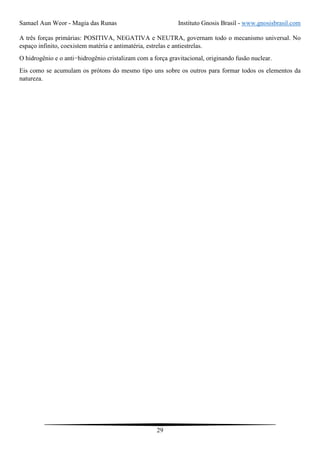 Samael Aun Weor - Magia das Runas Instituto Gnosis Brasil - www.gnosisbrasil.com
29
A três forças primárias: POSITIVA, NEGATIVA e NEUTRA, governam todo o mecanismo universal. No
espaço infinito, coexistem matéria e antimatéria, estrelas e antiestrelas.
O hidrogênio e o anti−hidrogênio cristalizam com a força gravitacional, originando fusão nuclear.
Eis como se acumulam os prótons do mesmo tipo uns sobre os outros para formar todos os elementos da
natureza.
 