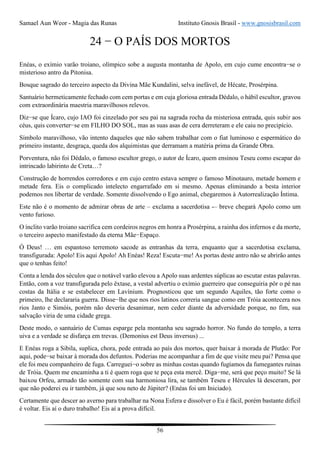 Samael Aun Weor - Magia das Runas Instituto Gnosis Brasil - www.gnosisbrasil.com
56
24 − O PAÍS DOS MORTOS
Enéas, o exímio varão troiano, olímpico sobe a augusta montanha de Apolo, em cujo cume encontra−se o
misterioso antro da Pitonisa.
Bosque sagrado do terceiro aspecto da Divina Mãe Kundalini, selva inefável, de Hécate, Prosérpina.
Santuário hermeticamente fechado com cem portas e em cuja gloriosa entrada Dédalo, o hábil escultor, gravou
com extraordinária maestria maravilhosos relevos.
Diz−se que Ícaro, cujo IAO foi cinzelado por seu pai na sagrada rocha da misteriosa entrada, quis subir aos
céus, quis converter−se em FILHO DO SOL, mas as suas asas de cera derreteram e ele caiu no precipício.
Símbolo maravilhoso, vão intento daqueles que não sabem trabalhar com o fiat luminoso e espermático do
primeiro instante, desgraça, queda dos alquimistas que derramam a matéria prima da Grande Obra.
Porventura, não foi Dédalo, o famoso escultor grego, o autor de Ícaro, quem ensinou Teseu como escapar do
intrincado labirinto de Creta…?
Construção de horrendos corredores e em cujo centro estava sempre o famoso Minotauro, metade homem e
metade fera. Eis o complicado intelecto engarrafado em si mesmo. Apenas eliminando a besta interior
podemos nos libertar de verdade. Somente dissolvendo o Ego animal, chegaremos à Autorrealização Íntima.
Este não é o momento de admirar obras de arte – exclama a sacerdotisa -– breve chegará Apolo como um
vento furioso.
O ínclito varão troiano sacrifica cem cordeiros negros em honra a Prosérpina, a rainha dos infernos e da morte,
o terceiro aspecto manifestado da eterna Mãe−Espaço.
Ó Deus! … em espantoso terremoto sacode as entranhas da terra, enquanto que a sacerdotisa exclama,
transfigurada: Apolo! Eis aqui Apolo! Ah Enéas! Reza! Escuta−me! As portas deste antro não se abrirão antes
que o tenhas feito!
Conta a lenda dos séculos que o notável varão elevou a Apolo suas ardentes súplicas ao escutar estas palavras.
Então, com a voz transfigurada pelo êxtase, a vestal advertiu o exímio guerreiro que conseguiria pôr o pé nas
costas da Itália e se estabelecer em Lavínium. Prognosticou que um segundo Aquiles, tão forte como o
primeiro, lhe declararia guerra. Disse−lhe que nos rios latinos correria sangue como em Tróia acontecera nos
rios Janto e Simóis, porém não deveria desanimar, nem ceder diante da adversidade porque, no fim, sua
salvação viria de uma cidade grega.
Deste modo, o santuário de Cumas esparge pela montanha seu sagrado horror. No fundo do templo, a terra
uiva e a verdade se disfarça em trevas. (Demonius est Deus inversus) ...
E Enéas roga a Sibila, suplica, chora, pede entrada ao país dos mortos, quer baixar à morada de Plutão: Por
aqui, pode−se baixar à morada dos defuntos. Poderias me acompanhar a fim de que visite meu pai? Pensa que
ele foi meu companheiro de fuga. Carreguei−o sobre as minhas costas quando fugíamos da fumegantes ruínas
de Tróia. Quem me encaminha a ti é quem roga que te peça esta mercê. Diga−me, será que peço muito? Se lá
baixou Orfeu, armado tão somente com sua harmoniosa lira, se também Teseu e Hércules lá desceram, por
que não poderei eu ir também, já que sou neto de Júpiter? (Enéas foi um Iniciado).
Certamente que descer ao averno para trabalhar na Nona Esfera e dissolver o Eu é fácil, porém bastante difícil
é voltar. Eis aí o duro trabalho! Eis aí a prova difícil.
 