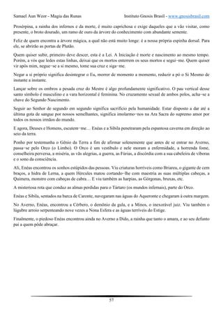 Samael Aun Weor - Magia das Runas Instituto Gnosis Brasil - www.gnosisbrasil.com
57
Prosérpina, a rainha dos infernos e da morte, é muito caprichosa e exige daqueles que a vão visitar, como
presente, o broto dourado, um ramo de ouro da árvore do conhecimento com abundante semente.
Feliz de quem encontra a árvore mágica, a qual não está muito longe: é a nossa própria espinha dorsal. Para
ele, se abrirão as portas de Plutão.
Quem quiser subir, primeiro deve descer, esta é a Lei. A Iniciação é morte e nascimento ao mesmo tempo.
Porém, a vós que ledes estas linhas, deixai que os mortos enterrem os seus mortos e segui−me. Quem quiser
vir após mim, negue−se a si mesmo, tome sua cruz e siga−me.
Negar a si próprio significa desintegrar o Eu, morrer de momento a momento, reduzir a pó o Si Mesmo de
instante a instante.
Lançar sobre os ombros a pesada cruz do Mestre é algo profundamente significativo. O pau vertical desse
santo símbolo é masculino e a vara horizontal é feminina. No cruzamento sexual de ambos polos, acha−se a
chave do Segundo Nascimento.
Seguir ao Senhor de segundo em segundo significa sacrifício pela humanidade. Estar disposto a dar até a
última gota de sangue por nossos semelhantes, significa imolarmo−nos na Ara Sacra do supremo amor por
todos os nossos irmãos do mundo.
E agora, Deuses e Homens, escutem−me… Enéas e a Sibila penetraram pela espantosa caverna em direção ao
seio da terra.
Ponho por testemunha o Gênio da Terra a fim de afirmar solenemente que antes de se entrar no Averno,
passa−se pelo Orco (o Limbo). O Orco é um vestíbulo e nele moram a enfermidade, a horrenda fome,
conselheira perversa, a miséria, as vãs alegrias, a guerra, as Fúrias, a discórdia com a sua cabeleira de víboras
e o sono da consciência.
Ali, Enéas encontrou os sonhos estúpidos das pessoas. Viu criaturas horríveis como Briareu, o gigante de cem
braços, a hidra de Lerna, a quem Hércules matou cortando−lhe com maestria as suas múltiplas cabeças, a
Quimera, monstro com cabeças de cabra… E viu também as harpias, as Górgonas, bruxas, etc.
A misteriosa rota que conduz as almas perdidas para o Tártaro (os mundos infernais), parte do Orco.
Enéas e Sibila, sentados na barca de Caronte, navegaram nas águas do Aqueronte e chegaram à outra margem.
No Averno, Enéas, encontrou a Cérbero, o demônio da gula, e a Minos, o inexorável juiz. Viu também o
lúgubre arroio serpenteando nove vezes a Nona Esfera e as águas terríveis do Estige.
Finalmente, o piedoso Enéas encontrou ainda no Averno a Dido, a rainha que tanto o amara, e ao seu defunto
pai a quem pôde abraçar.
 