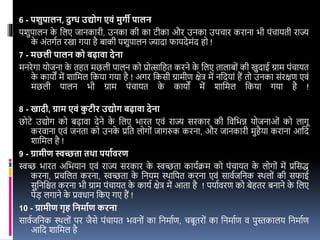 6 - पशुपालन, दुग्ध उद्य ग एवं मुगी पालन
पशुपालन क
े वलए जानकारी, उनका की का टीका और उनका उपचार कराना भी पंचायती राज्य
क
े अंतगइत रखा गया है बाकी पशुपालन ज्यादा र्ायदेमंद हो !
7 - मछली पालन क बढावा देना
मनरेगा योजना क
े तहत मछली पालन को प्रोत्सावहत करने क
े वलए तालाबों की खुदाई ग्राम पंचायत
क
े कायों में शावमल वकया गया है ! अगर वकसी ग्रामीण क्षेि में नवदयां हैं तो उनका संरक्षण एिं
मछली पालन भी ग्राम पंचायत क
े कायों में शावमल वकया गया है !
8 - खादी, ग्राम एवं क
ु टीर उद्य ग बढावा देना
छोटे उद्योग को बढािा देने क
े वलए भारत एिं राज्य सरकार की विवभन्न योजनाओं को लागू
करिाना एिं जनता को उनक
े प्रवत लोगों जागरुक करना, और जानकारी मुहैया कराना आवद
शावमल है !
9 - ग्रामीण स्वच्छता तथा पयायवरण
स्वच्छ भारत अवभयान एिं राज्य सरकार क
े स्वच्छता कायइक्रम को पंचायत क
े लोगों में प्रवसि
करना, प्रचवलत करना, स्वच्छता क
े वनयम स्थावपत करना एिं सािइजवनक स्थलों की सर्ाई
सुवनवित करना भी ग्राम पंचायत क
े कायइ क्षेि में आता है ! पयाइिरण को बेहतर बनाने क
े वलए
पेड लगाने क
े प्रिधान वकए गए हैं !
10 - ग्रामीण गृह ननमायण करना
सािइजवनक स्थलों पर जैसे पंचायत भिनों का वनमाइण, चबूतरों का वनमाइण ि पुस्तकालय वनमाइण
आवद शावमल है
 