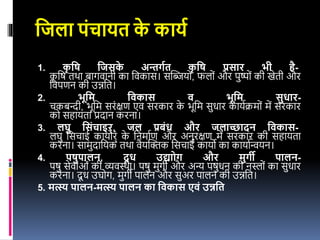 निला पंचायत क
े कायय
1. क
ृ नि निसक
े अन्तगयत क
ृ नि प्रसार भी है-
क
ृ वष तथा बागिानी का विकास। सखियों, र्लों और पुष्ों की खेती और
विपणन की उन्नवत।
2. भूनम नवकास व भूनम सुधार-
चकबन्दी, भूवम सरंक्षण एि सरकार क
े भूवम सुधार कायइक्रमों में सरकार
को सहायता प्रदान करना।
3. लघु नसंचार्इर्, िल प्रबंध और िलाच्छादन नवकास-
लघु वसचार्इ कायोर्ं क
े वनमाइण और अनुरक्षण में सरकार की सहायता
करना। सामुदावयक तथा िैयखिक वसचार्इ कायो का कायाइन्वयन।
4. पिुपालन, दू ध उद्या ग और मुगी पालन-
पषु सेिाओं की व्यिस्था। पषु मुगी और अन्य पषुधन की नस्ों का सुधार
करना। दू ध उघोग, मुगी पालन और सुअर पालन की उन्नवत।
5. मत्स्य पालन-मत्स्य पालन का नवकास एवं उन्ननत
 