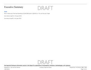 Executive Summary
10/31/2016
Prepared for : Sam and Sue Johnson Company: Raymond James Prepared by: Jim Zientara, MBA, CIMA
Page 7 of 31
See Important Disclosure Information section in this Report for explanations of assumptions, limitations, methodologies, and a glossary.
Goals
Plan to reduce your Total Goal Spending to $2,453,385 which is $29,916, or 1%, less than your Target.
Sam retires at age 65, in the year 2019.
Sue retires at age 65, in the year 2019.
 