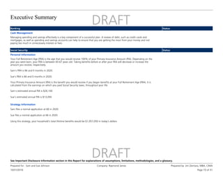 Executive Summary
10/31/2016
Prepared for : Sam and Sue Johnson Company: Raymond James Prepared by: Jim Zientara, MBA, CIMA
Page 10 of 31
See Important Disclosure Information section in this Report for explanations of assumptions, limitations, methodologies, and a glossary.
Banking Status
Cash Management
Managing spending and savings effectively is a key component of a successful plan. A review of debt, such as credit cards and
mortgages, as well as spending and savings accounts can help to ensure that you are getting the most from your money and not
paying too much in unnecessary interest or fees.
Social Security Status
Personal Information
Your Full Retirement Age (FRA) is the age that you would receive 100% of your Primary Insurance Amount (PIA). Depending on the
year you were born, your FRA is between 65-67 years old. Taking benefits before or after your FRA will decrease or increase the
amount you receive, respectively.
Sam's FRA is 66 and 0 months in 2020.
Sue's FRA is 66 and 0 months in 2020.
Your Primary Insurance Amount (PIA) is the benefit you would receive if you began benefits at your Full Retirement Age (FRA). It is
calculated from the earnings on which you paid Social Security taxes, throughout your life.
Sam's estimated annual PIA is $26,100
Sue's estimated annual PIA is $13,050
Strategy Information
Sam files a normal application at 66 in 2020.
Sue files a normal application at 66 in 2020.
Using this strategy, your household's total lifetime benefits would be $1,057,050 in today's dollars.
 
